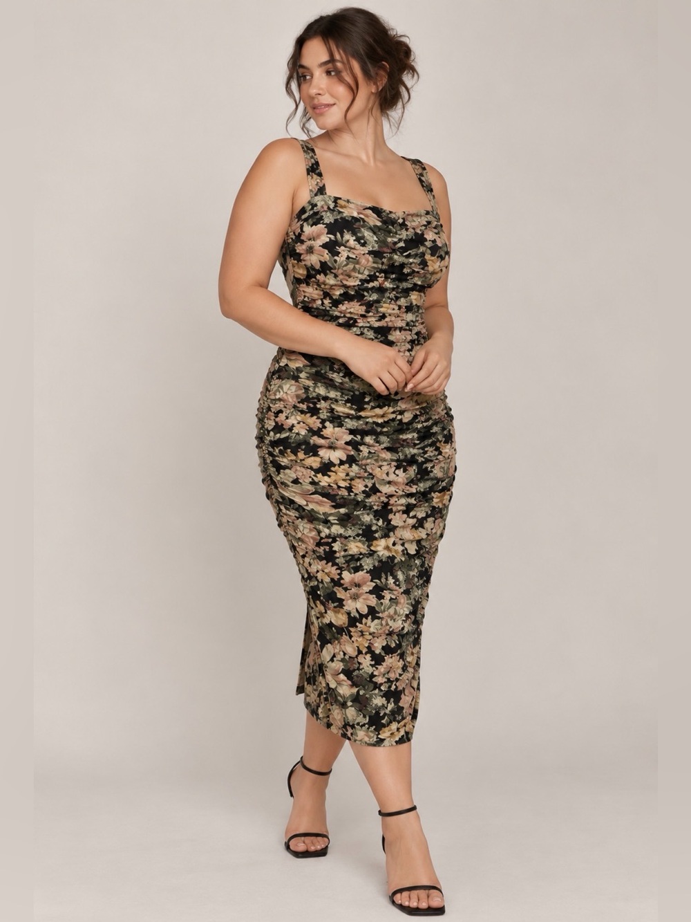 Maurices NWT Dark Floral Ruched Midi Dress Size Large Autumn Wedding Guest Dress